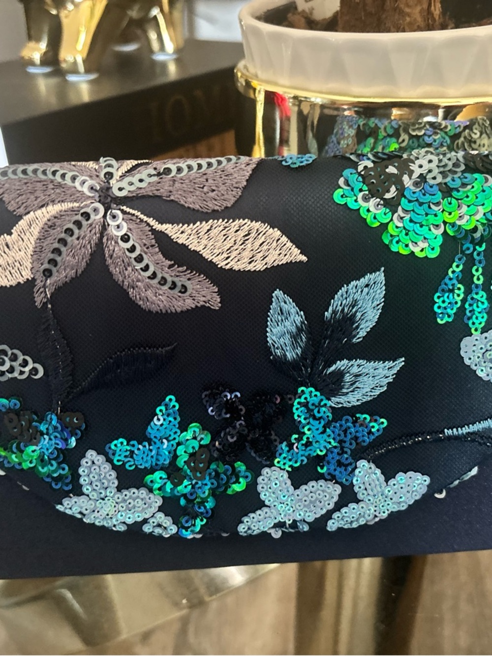 Embroidered Sequin Floral Clutch Wristlet in Black